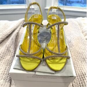 Manolo Blahnik Lucecry Satin Yellow Green Crystal Strappy High Heel Sandals 38